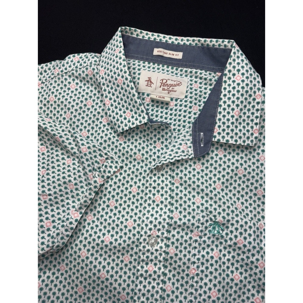 Original Penguin Mens Heritage Slim Fit Palm Tree Print SS Large Shirt Green